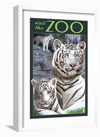 Visit the Zoo - White Tiger Family-Lantern Press-Framed Art Print