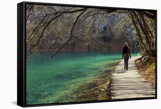 Visitor on Wooden Walkway Path over Crystal Clear Waters of Plitvice Lakes National Park-Simon Montgomery-Framed Stretched Canvas