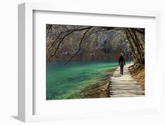 Visitor on Wooden Walkway Path over Crystal Clear Waters of Plitvice Lakes National Park-Simon Montgomery-Framed Photographic Print