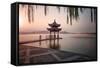 Visitors are Taking the Last Shots with a Pagoda at West Lake as the Sun Is Sinking-Andreas Brandl-Framed Stretched Canvas