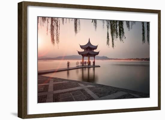 Visitors are Taking the Last Shots with a Pagoda at West Lake as the Sun Is Sinking-Andreas Brandl-Framed Photographic Print