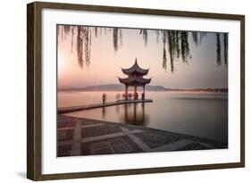 Visitors are Taking the Last Shots with a Pagoda at West Lake as the Sun Is Sinking-Andreas Brandl-Framed Photographic Print