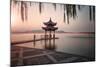 Visitors are Taking the Last Shots with a Pagoda at West Lake as the Sun Is Sinking-Andreas Brandl-Mounted Photographic Print