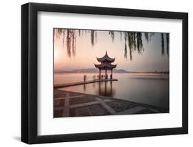 Visitors are Taking the Last Shots with a Pagoda at West Lake as the Sun Is Sinking-Andreas Brandl-Framed Photographic Print