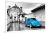 ¡Viva Mexico! B&W Collection - Blue VW Beetle Car in San Cristobal de Las Casas-Philippe Hugonnard-Framed Photographic Print