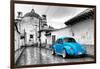 ¡Viva Mexico! B&W Collection - Blue VW Beetle Car in San Cristobal de Las Casas-Philippe Hugonnard-Framed Photographic Print