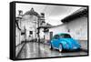 ¡Viva Mexico! B&W Collection - Blue VW Beetle Car in San Cristobal de Las Casas-Philippe Hugonnard-Framed Stretched Canvas