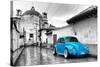 ¡Viva Mexico! B&W Collection - Blue VW Beetle Car in San Cristobal de Las Casas-Philippe Hugonnard-Stretched Canvas