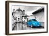 ¡Viva Mexico! B&W Collection - Blue VW Beetle Car in San Cristobal de Las Casas-Philippe Hugonnard-Framed Photographic Print