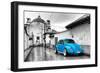 ¡Viva Mexico! B&W Collection - Blue VW Beetle Car in San Cristobal de Las Casas-Philippe Hugonnard-Framed Photographic Print