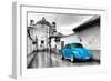 ¡Viva Mexico! B&W Collection - Blue VW Beetle Car in San Cristobal de Las Casas-Philippe Hugonnard-Framed Photographic Print