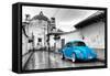 ¡Viva Mexico! B&W Collection - Blue VW Beetle Car in San Cristobal de Las Casas-Philippe Hugonnard-Framed Stretched Canvas