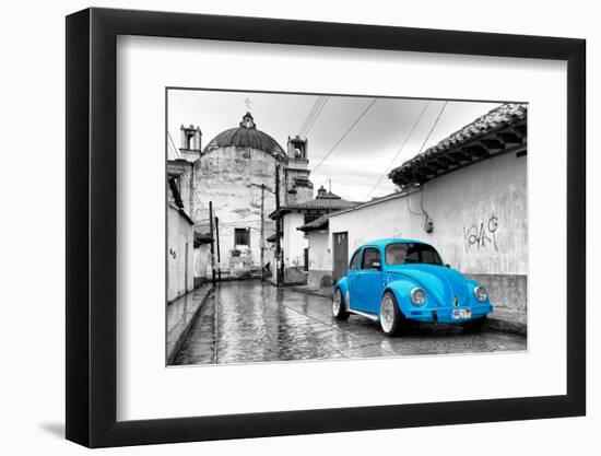 ¡Viva Mexico! B&W Collection - Blue VW Beetle Car in San Cristobal de Las Casas-Philippe Hugonnard-Framed Photographic Print