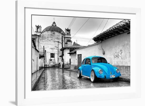 ¡Viva Mexico! B&W Collection - Blue VW Beetle Car in San Cristobal de Las Casas-Philippe Hugonnard-Framed Photographic Print