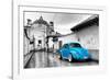 ¡Viva Mexico! B&W Collection - Blue VW Beetle Car in San Cristobal de Las Casas-Philippe Hugonnard-Framed Photographic Print