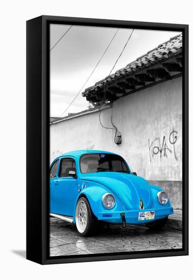 ¡Viva Mexico! B&W Collection - Blue VW Beetle in San Cristobal de Las Casas-Philippe Hugonnard-Framed Stretched Canvas