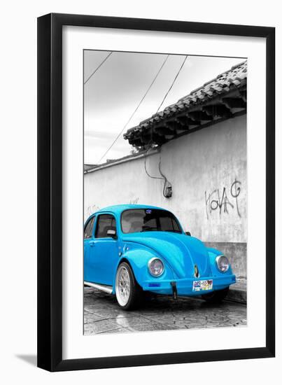 ¡Viva Mexico! B&W Collection - Blue VW Beetle in San Cristobal de Las Casas-Philippe Hugonnard-Framed Photographic Print