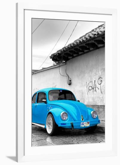 ¡Viva Mexico! B&W Collection - Blue VW Beetle in San Cristobal de Las Casas-Philippe Hugonnard-Framed Photographic Print