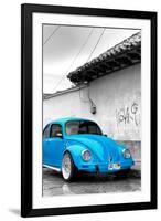 ¡Viva Mexico! B&W Collection - Blue VW Beetle in San Cristobal de Las Casas-Philippe Hugonnard-Framed Photographic Print