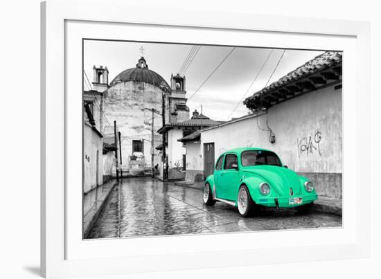 ¡Viva Mexico! B&W Collection - Green VW Beetle Car in San Cristobal de Las Casas-Philippe Hugonnard-Framed Photographic Print