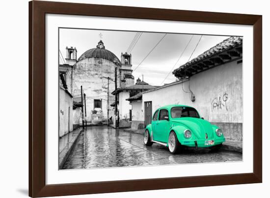 ¡Viva Mexico! B&W Collection - Green VW Beetle Car in San Cristobal de Las Casas-Philippe Hugonnard-Framed Photographic Print