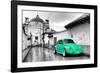 ¡Viva Mexico! B&W Collection - Green VW Beetle Car in San Cristobal de Las Casas-Philippe Hugonnard-Framed Photographic Print