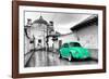 ¡Viva Mexico! B&W Collection - Green VW Beetle Car in San Cristobal de Las Casas-Philippe Hugonnard-Framed Photographic Print