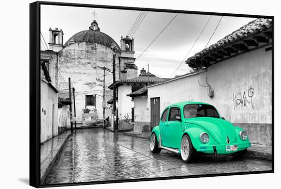 ¡Viva Mexico! B&W Collection - Green VW Beetle Car in San Cristobal de Las Casas-Philippe Hugonnard-Framed Stretched Canvas