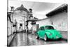 ¡Viva Mexico! B&W Collection - Green VW Beetle Car in San Cristobal de Las Casas-Philippe Hugonnard-Stretched Canvas