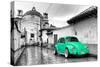 ¡Viva Mexico! B&W Collection - Green VW Beetle Car in San Cristobal de Las Casas-Philippe Hugonnard-Stretched Canvas