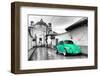 ¡Viva Mexico! B&W Collection - Green VW Beetle Car in San Cristobal de Las Casas-Philippe Hugonnard-Framed Photographic Print