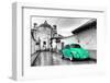 ¡Viva Mexico! B&W Collection - Green VW Beetle Car in San Cristobal de Las Casas-Philippe Hugonnard-Framed Photographic Print