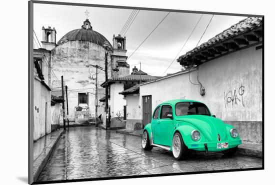 ¡Viva Mexico! B&W Collection - Green VW Beetle Car in San Cristobal de Las Casas-Philippe Hugonnard-Mounted Photographic Print