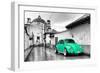 ¡Viva Mexico! B&W Collection - Green VW Beetle Car in San Cristobal de Las Casas-Philippe Hugonnard-Framed Photographic Print