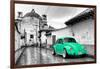 ¡Viva Mexico! B&W Collection - Green VW Beetle Car in San Cristobal de Las Casas-Philippe Hugonnard-Framed Photographic Print