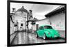 ¡Viva Mexico! B&W Collection - Green VW Beetle Car in San Cristobal de Las Casas-Philippe Hugonnard-Framed Photographic Print