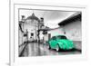 ¡Viva Mexico! B&W Collection - Green VW Beetle Car in San Cristobal de Las Casas-Philippe Hugonnard-Framed Photographic Print