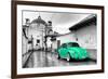 ¡Viva Mexico! B&W Collection - Green VW Beetle Car in San Cristobal de Las Casas-Philippe Hugonnard-Framed Photographic Print