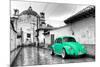 ¡Viva Mexico! B&W Collection - Green VW Beetle Car in San Cristobal de Las Casas-Philippe Hugonnard-Mounted Photographic Print