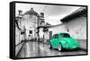 ¡Viva Mexico! B&W Collection - Green VW Beetle Car in San Cristobal de Las Casas-Philippe Hugonnard-Framed Stretched Canvas