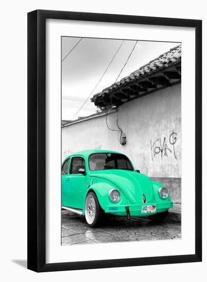 ¡Viva Mexico! B&W Collection - Green VW Beetle in San Cristobal de Las Casas-Philippe Hugonnard-Framed Photographic Print