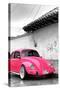 ¡Viva Mexico! B&W Collection - Hot Pink VW Beetle in San Cristobal de Las Casas-Philippe Hugonnard-Stretched Canvas