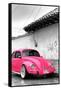 ¡Viva Mexico! B&W Collection - Hot Pink VW Beetle in San Cristobal de Las Casas-Philippe Hugonnard-Framed Stretched Canvas