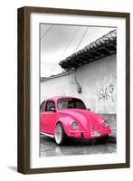 ¡Viva Mexico! B&W Collection - Hot Pink VW Beetle in San Cristobal de Las Casas-Philippe Hugonnard-Framed Photographic Print