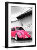 ¡Viva Mexico! B&W Collection - Hot Pink VW Beetle in San Cristobal de Las Casas-Philippe Hugonnard-Framed Photographic Print