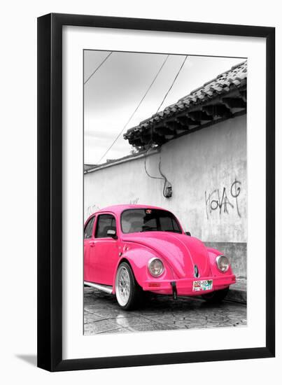 ¡Viva Mexico! B&W Collection - Hot Pink VW Beetle in San Cristobal de Las Casas-Philippe Hugonnard-Framed Photographic Print