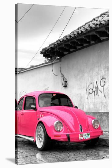 ¡Viva Mexico! B&W Collection - Hot Pink VW Beetle in San Cristobal de Las Casas-Philippe Hugonnard-Stretched Canvas