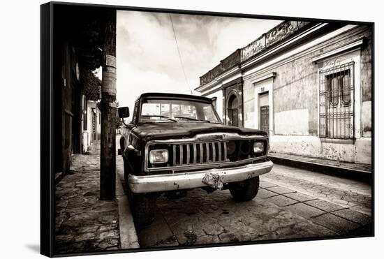 ¡Viva Mexico! B&W Collection - Old Black Jeep in San Cristobal de Las Casas II-Philippe Hugonnard-Framed Stretched Canvas