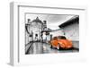 ¡Viva Mexico! B&W Collection - Orange VW Beetle Car in San Cristobal de Las Casas-Philippe Hugonnard-Framed Photographic Print