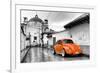 ¡Viva Mexico! B&W Collection - Orange VW Beetle Car in San Cristobal de Las Casas-Philippe Hugonnard-Framed Photographic Print